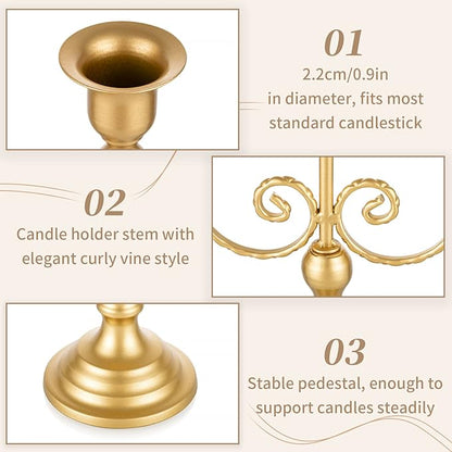 Gold candle holder close-up showing wide cup and curled vine-style stem details