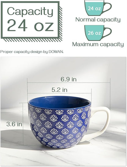 Blue ceramic coffee mug with handle, 24 oz capacity shown on size chart.