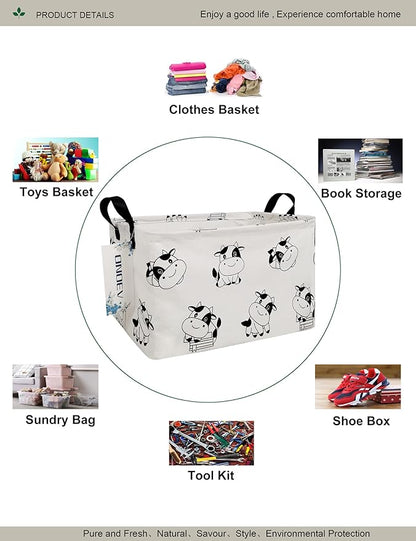 Cartoon Cow Canvas Storage Hamper Basket - Foldable Waterproof Black and White Cow Print Bin for Farm Nursery, Kids Room, and Cow Gift Hampers