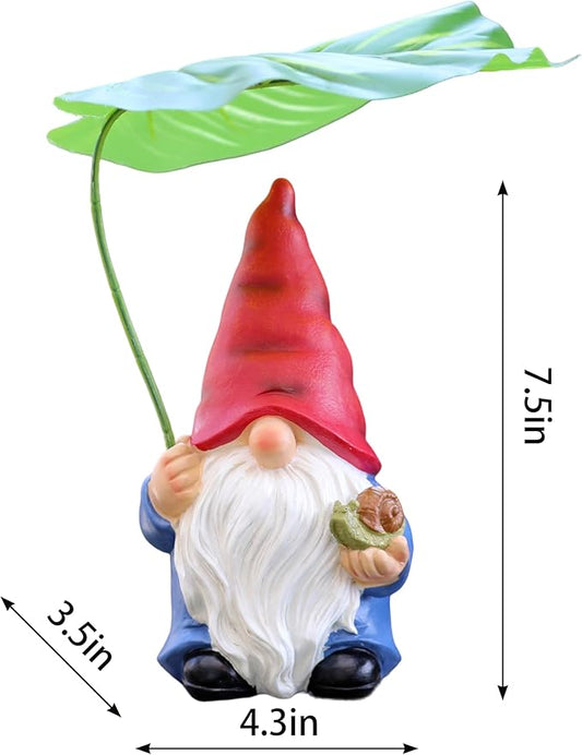Garden gnome figurine with green leaf umbrella; red hat, white beard, blue outfit; size shown.