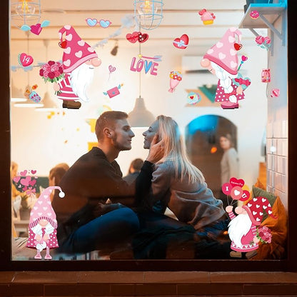 DC-BEAUTIFUL 107 PCS Valentines Window Clings, 9 Sheets Double-Sided Pink Love Heart Gnome Valentine Decoration Window Stickers, Reusable Static Holiday Window Decals for Home Wedding Party Decors