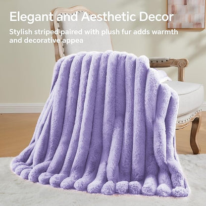 Lavender Faux Rabbit Fur Throw Blanket – 60"x80" | 770GSM Double-Sided Luxury Fluffy Blanket | 3D Striped Plush Throw for Two