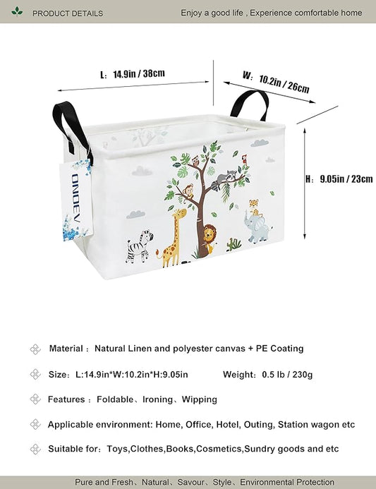 Jungle Tree Animals Canvas Storage Hamper Basket - Foldable Waterproof Cartoon Safari Bin for Kids Room, Playroom, and Animal Lover Gifts