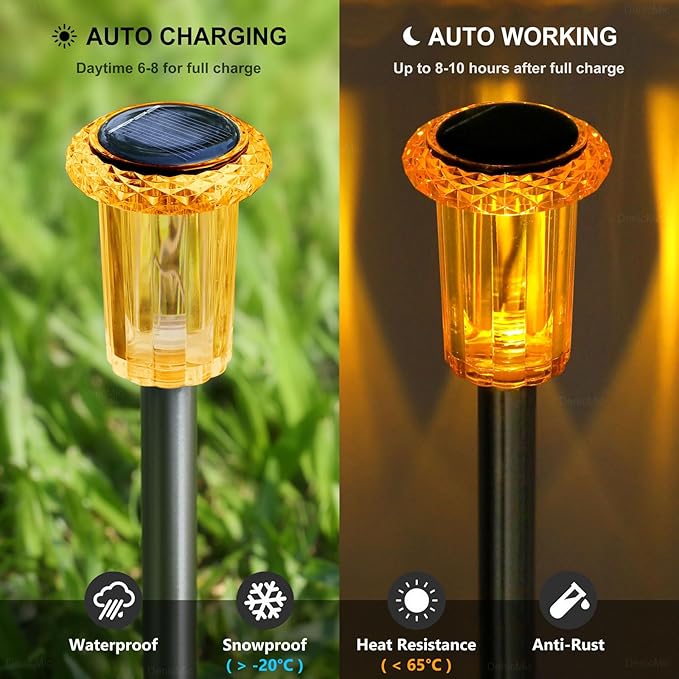 Orange solar garden stake light with glowing lantern top and auto charging icon