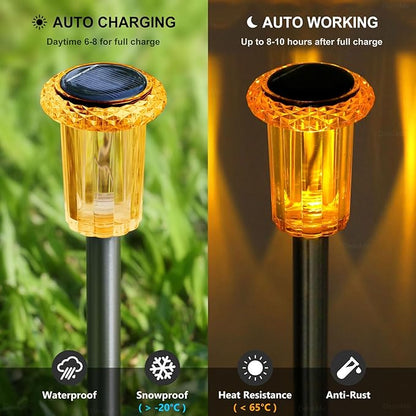 Orange solar garden stake light with glowing lantern top and auto charging icon