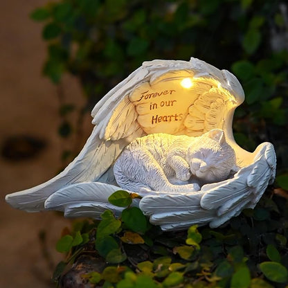 Angel Cat Memorial Garden Statue with Solar Light - Resin Pet Remembrance Decor