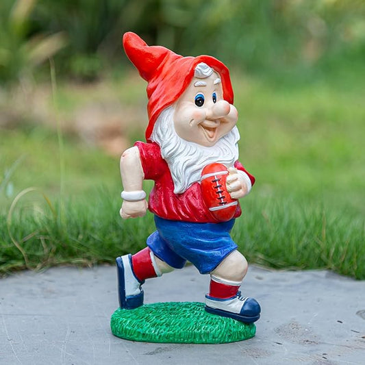 Rugby-themed garden gnome statue holding a football, red hat and blue sports outfit