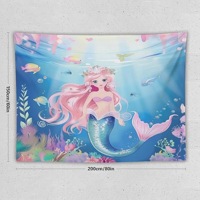 Mermaid Princess Wall Tapestry – 80" x 60" Large Watercolour | Wide Feature Wall Statement | Girls Bedroom Living Room Dorm | Wall Hanging