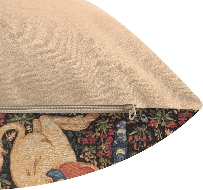 Back of square pillow cover with beige fabric and zipper along the edge