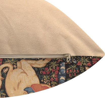 Back of square pillow cover with beige fabric and zipper along the edge