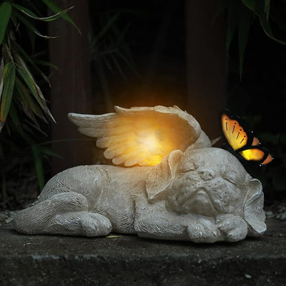 Sleeping Puppy Angel Memorial Statue with Solar Light - Resin Dog Memorial Sculpture with Butterfly for Garden, Lawn, Patio, and Indoor Remembrance