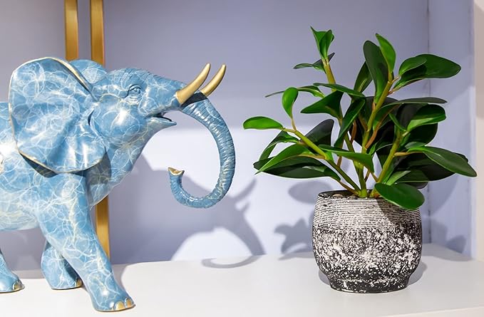 Faux ficus plant in speckled black cement planter on wall shelf