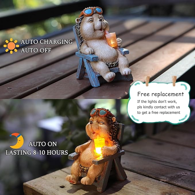 Mini Hedgehog Solar Garden Statue with LED String Lights - IP65 Resin Decor