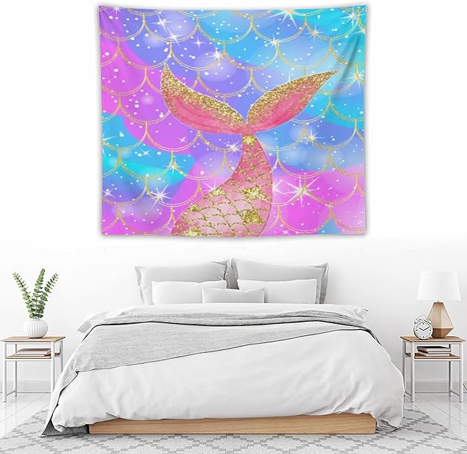 Mermaid Scales Wall Tapestry – 60" x 50" Colourful Shiny Mermaid Tail Pattern | Mid-Size Bold Wall Hanging | Bedroom Living Room Dorm