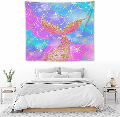 Mermaid Scales Wall Tapestry – 60" x 50" Colourful Shiny Mermaid Tail Pattern | Mid-Size Bold Wall Hanging | Bedroom Living Room Dorm