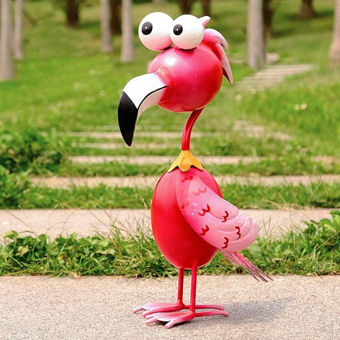 Red Metal Flamingo Garden Statue - Weather-Resistant Bird Yard Decor