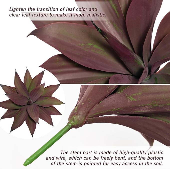 Close-up of purple-red artificial agave leaves with green stem and fine texture.