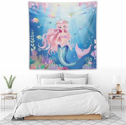Mermaid Princess Wall Tapestry – 60" x 60" Square Watercolour | Symmetrical Girls Bedroom Decor | Wall Hanging | Dorm Living Room Kids Room