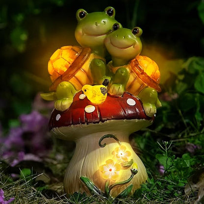 Turtle on Mushroom Solar Garden Statue with 5 LED Lights - Resin Outdoor Decor
