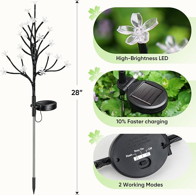 Solar flower LED garden lamp with black stake, solar panel base, and mode switch