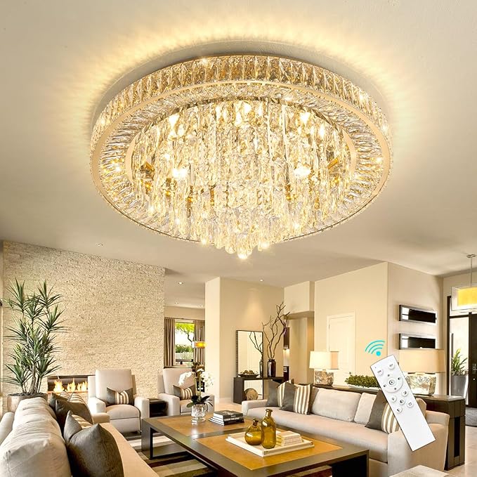Gold flush-mount crystal chandelier ceiling light with hanging crystal strands and remote