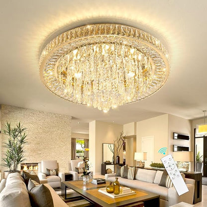 Round gold crystal flush-mount chandelier with bright hanging crystal clusters