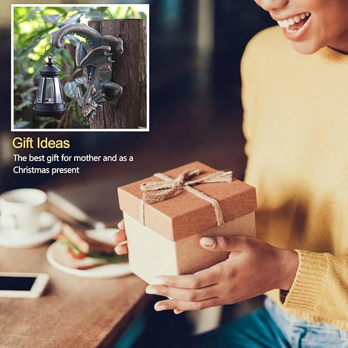 Dragon tree hugger statue with black solar lantern for outdoor yard decor, dark bronze