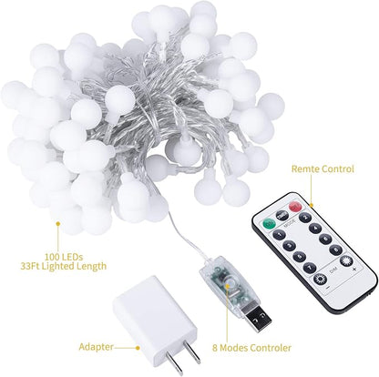 USB Mini Globe String Lights – 33ft 100 LED | 2-in-1 Multicolour & Warm White | 8 Modes Remote Timer | Indoor Outdoor Party Wedding Christmas Camping