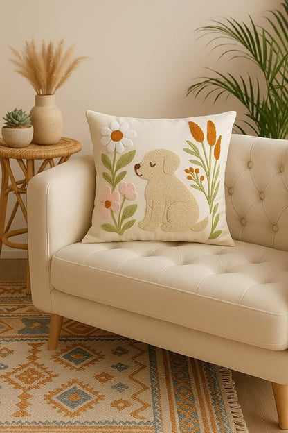 Boho embroidered dog pillow cover with spring flowers appliques on cream couch