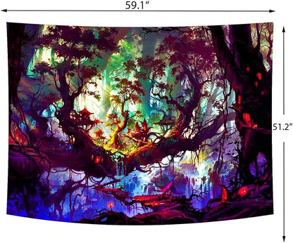Mystical Landscape Forest Tapestry (Small) – Magical Enchanted Tree Wall Hanging | Psychedelic Nature Decor | 51.2" x 59.1"