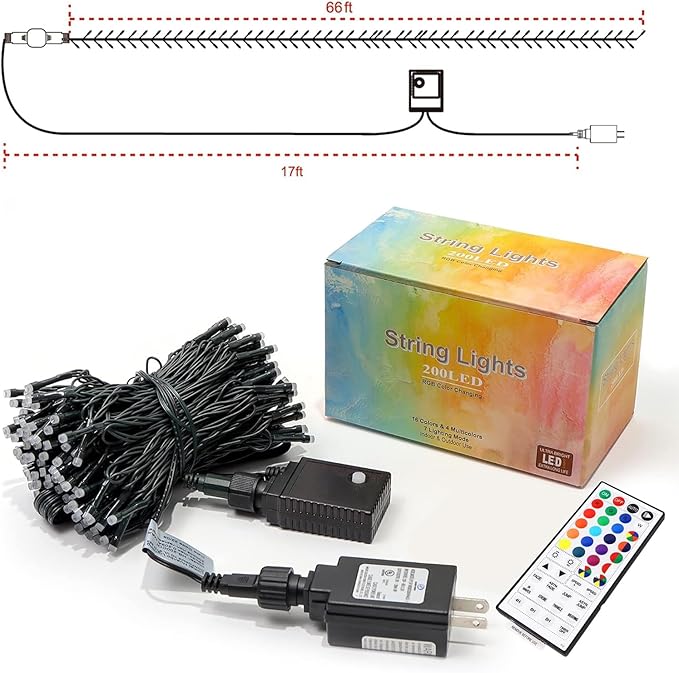 66ft RGB mini string lights kit with green wire strand, power adapters, and remote
