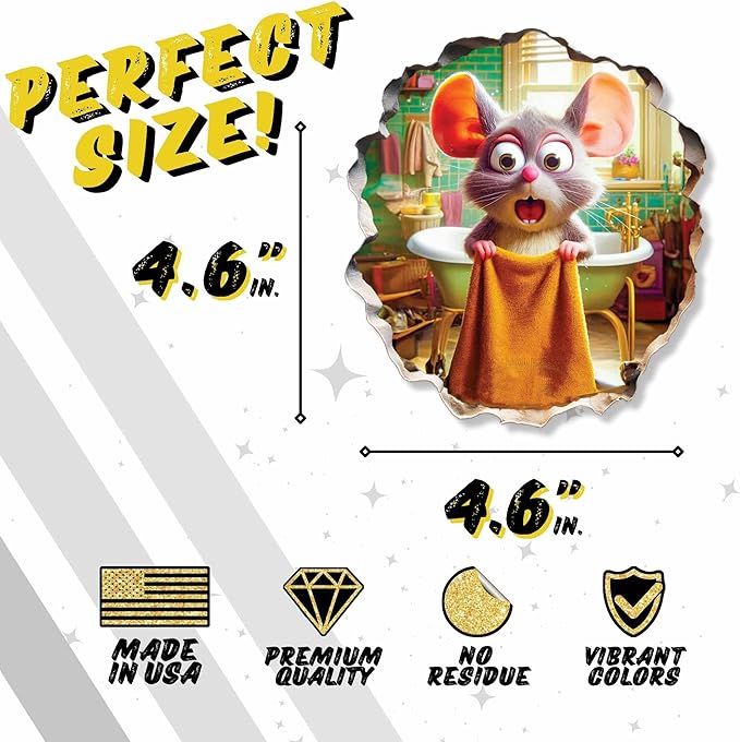 Mouse holding a bowl wall sticker with sizing and quality icons