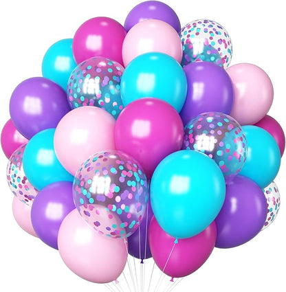 Mermaid Princess Party Balloons – 60 Pcs Hot Pink Teal Purple Confetti | 12 Inch Latex | Air or Helium | Birthday Baby Shower Party Decor
