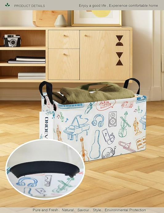 Musical Instruments Canvas Storage Hamper Basket - Foldable Waterproof Music Lover Bin for Kids Room, Music Room, and Gift Hampers