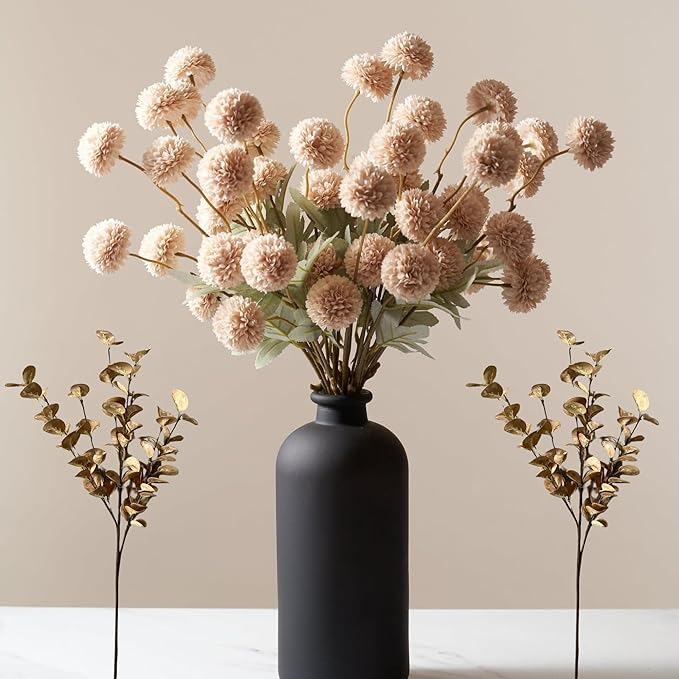 Beige faux chrysanthemum pom-pom flower stems with gold eucalyptus accents