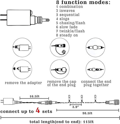 Connectable LED string lights set with adapter, showing 8 modes and end-plug connection