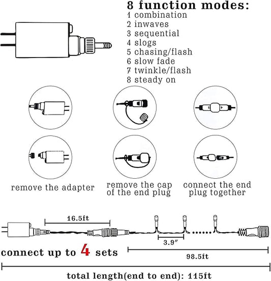Connectable LED string lights set with adapter, showing 8 modes and end-plug connection