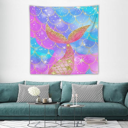 Mermaid Scales Wall Tapestry – 60" x 60" Colourful Shiny Mermaid Tail Pattern | Square Wall Hanging | Bedroom Living Room Dorm