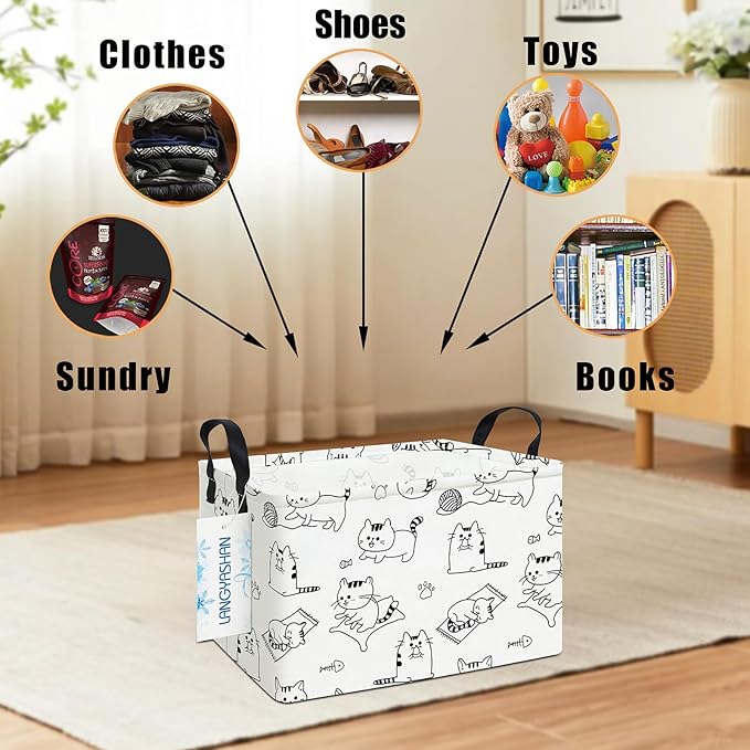 White rectangular canvas storage bin with black cat cartoon design and carry handles