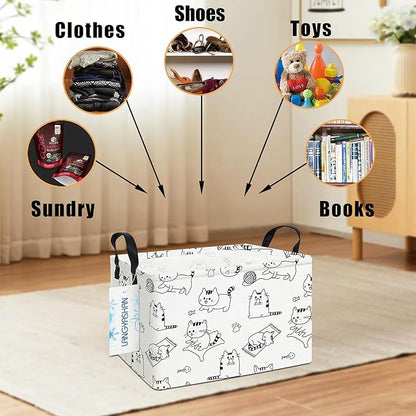 White rectangular canvas storage bin with black cat cartoon design and carry handles