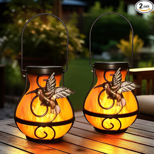 Solar hanging lantern set, two black metal lanterns with angel flame lights