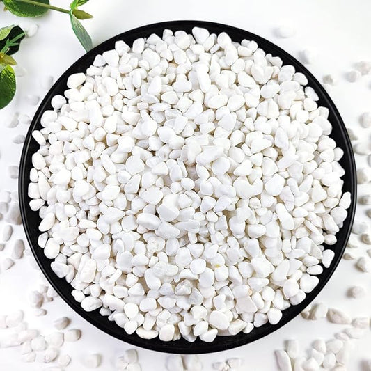 White natural gravel pebbles in a black bowl, small white stones for pots