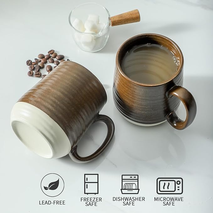Rustic Brown Stoneware Coffee Mugs – Set of 6 | 15oz Big Handle | Indoor & Outdoor | Dishwasher & Microwave Safe | Coffee Gift Set