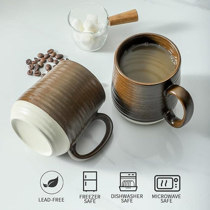 Rustic Brown Stoneware Coffee Mugs – Set of 6 | 15oz Big Handle | Indoor & Outdoor | Dishwasher & Microwave Safe | Coffee Gift Set