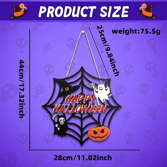 Happy Halloween spider web hanging decoration with rope, ghost and orange jack-o'-lantern