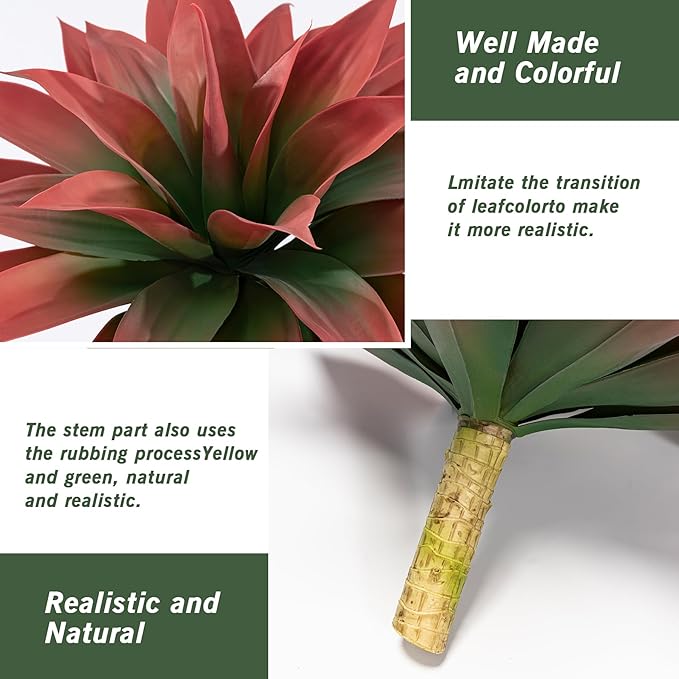 Close-up of red faux agave leaves with green center and gold stem wrap