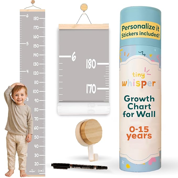 Kids wall growth height chart in grey with dual-system cm and ft scales
