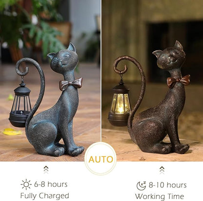 Bronze Solar Cat Garden Statue with Lantern Tail - Resin Outdoor Decor