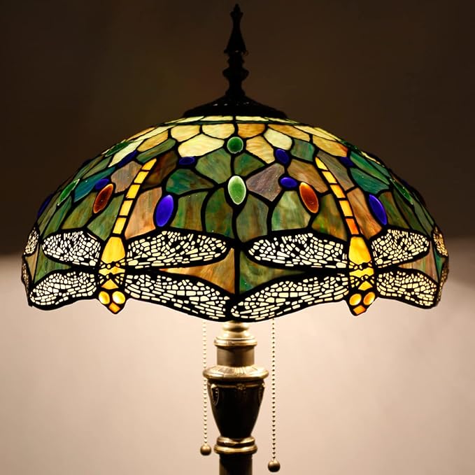 Stained glass floor lamp with warm multicolor shade and hanging pull-chain strands