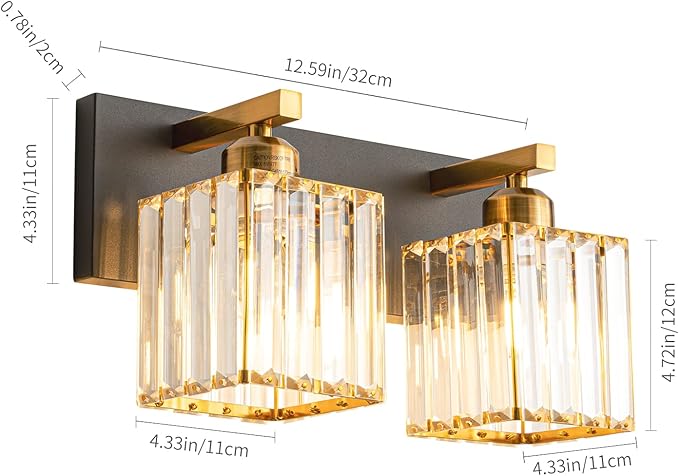 Two-light crystal vanity wall light with black backplate and gold bar mounts